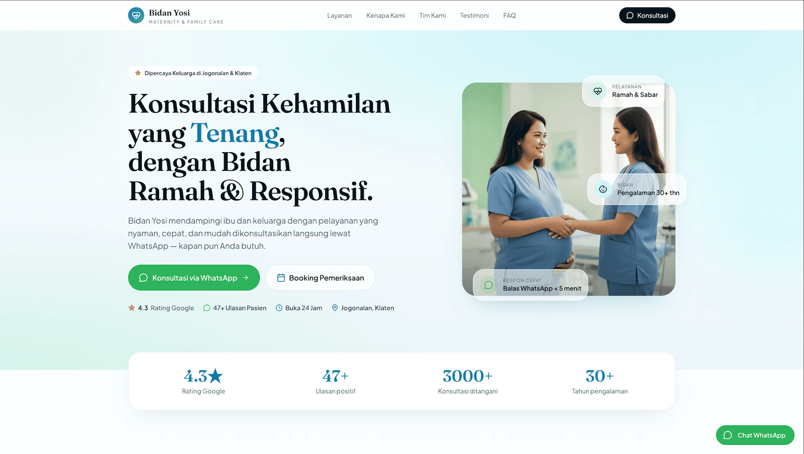 Klinik Hana healthcare landing page with online consultation and WhatsApp booking